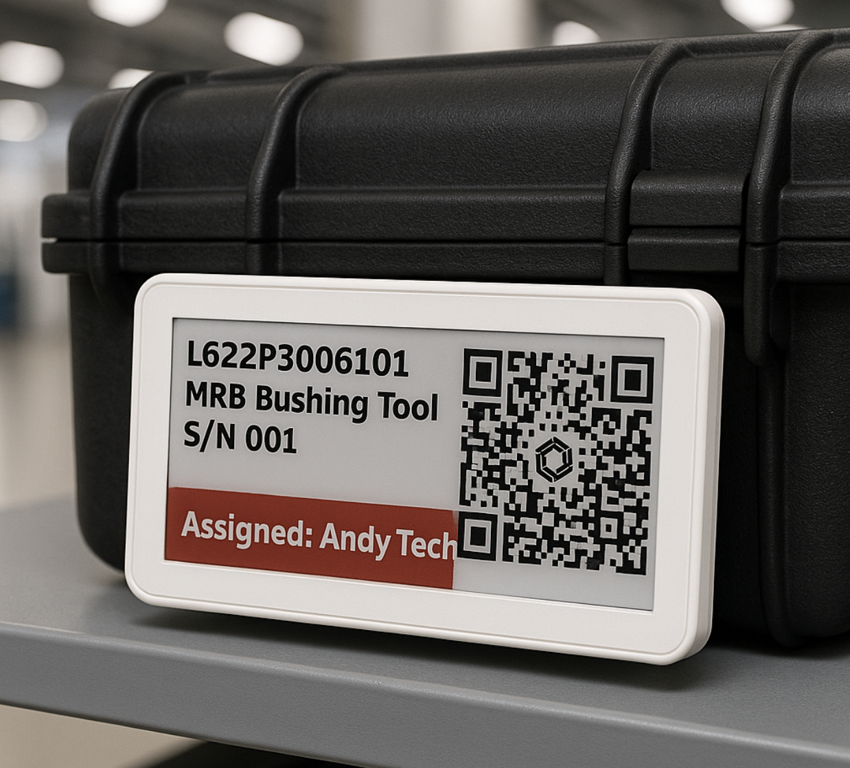 E-ink asset status display showing live calibration and location